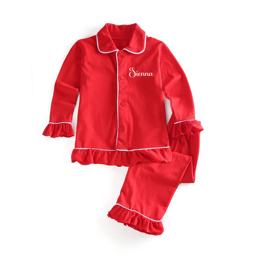 Girls Personalised Frill Red Pyjamas